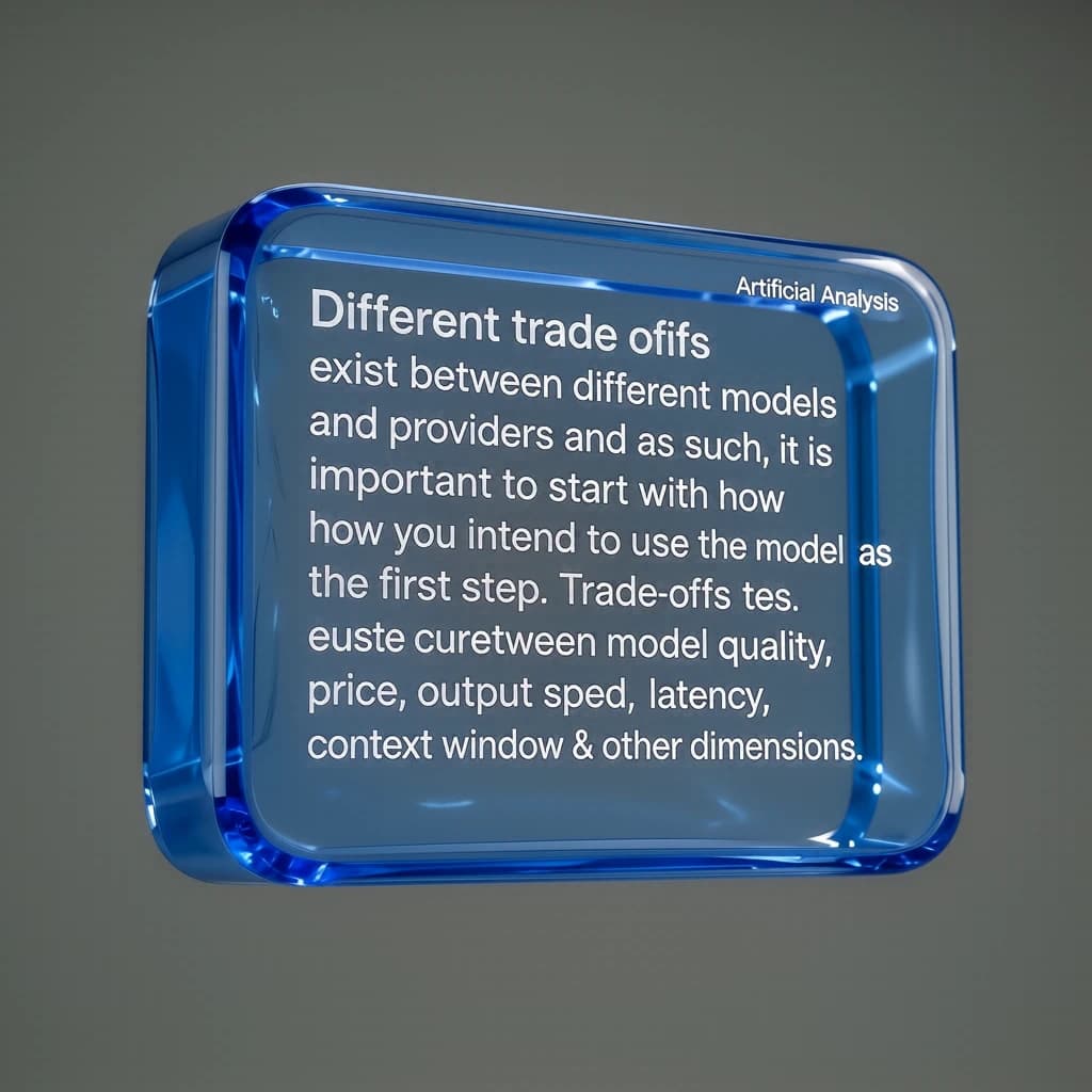 In a clear transparent blue glassy rounded box, etch "Different trade offs exist between different models and providers and as such, it is important to start with how you intend to use the model as the first step. Trade-offs exist currently between model quality, price, output speed, latency, context window & other dimensions. " in sans serif medium weight text. Artificial Analysis is watermarked over the top right 