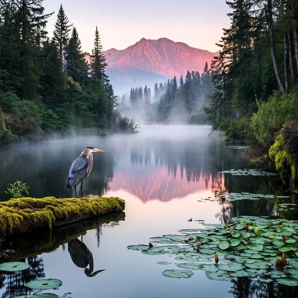 With pre-dawn mist along a cedar forest river and glassy water dotted with lily pads, distant mountains blush pink, and a heron stands still like it forgot what to do next.