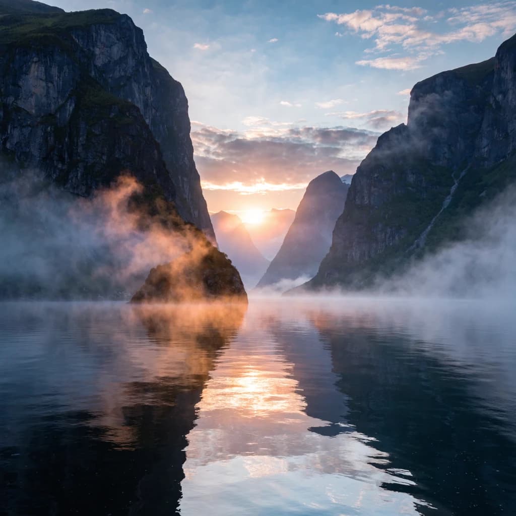 Frame a foggy fjord at sunrise, cliffs looming.