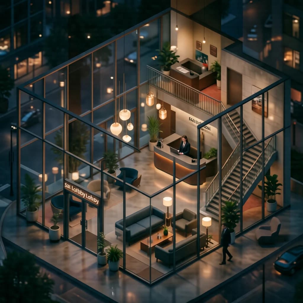 Isometric 3D lobby, glass walls, warm lights, slightly moody, soft shadows.