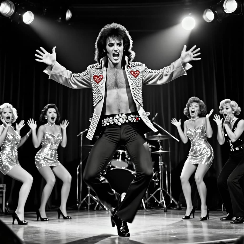 An archival image from 1953 of the rock singer swinging his hips on the stage while glamorous back up singers feign shock at his gyrations! He wears a diamond encrusted jacket with the stones arranged in the shape of a heart