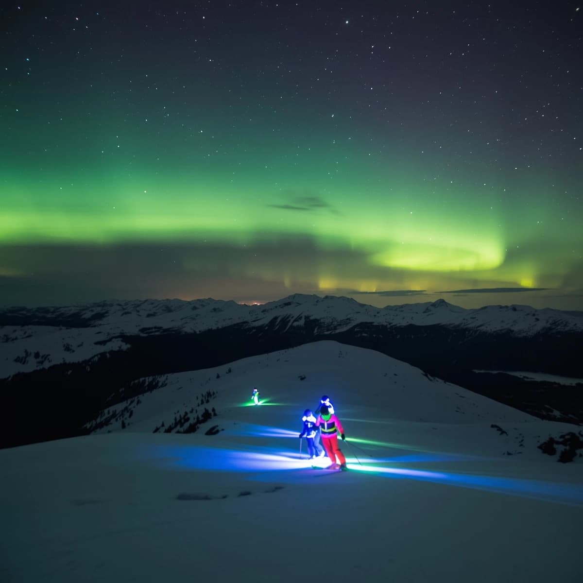 Coronet Peak Night Skiing: Skiers in colorful LED suits carve their way down the slopes of New Zealand's Coronet Peak under the Aurora Borealis, the skiers' light trails visible behind them