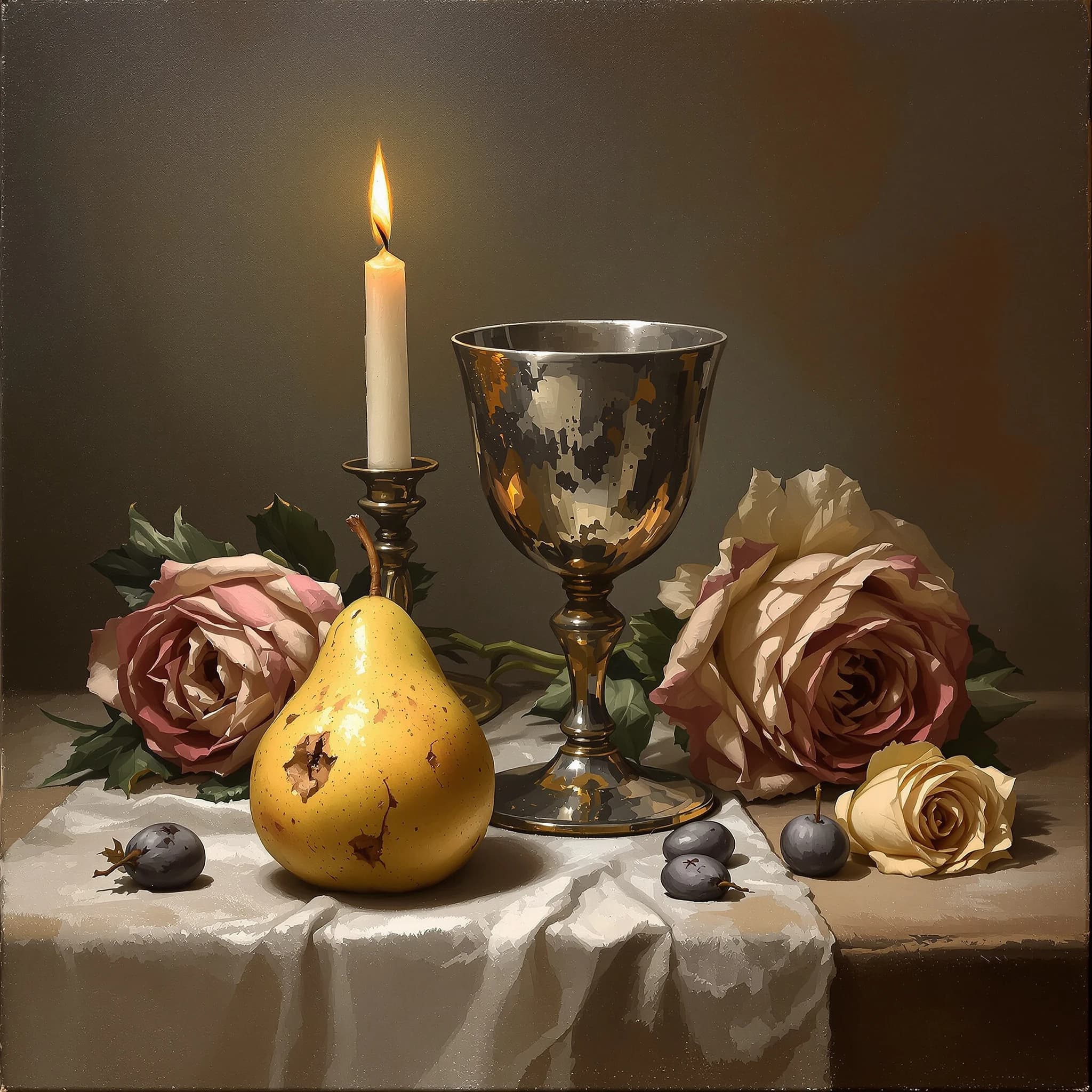 Create an oil on canvas still life with a tarnished goblet, bruised pears, and wilted roses, lit by a single candle; a bit muted palette, soft brushwork, subtle craquelure.