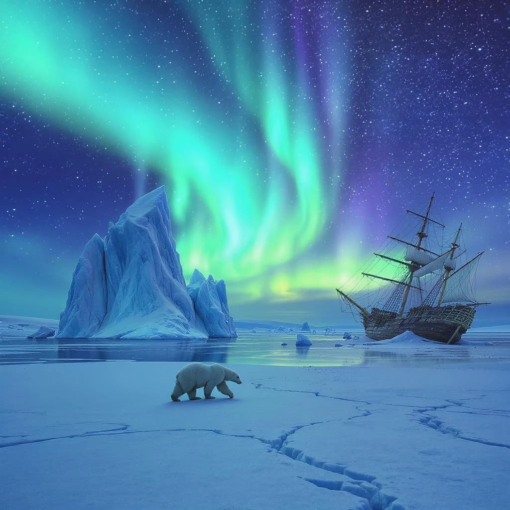 An endless tundra stretches outward, littered with jagged icebergs shaped like cathedral spires. A polar bear trudges across the foreground but leaves no tracks. Auroras ripple overhead. A half-buried shipwreck juts from the snow — sails billowing despite the still air.