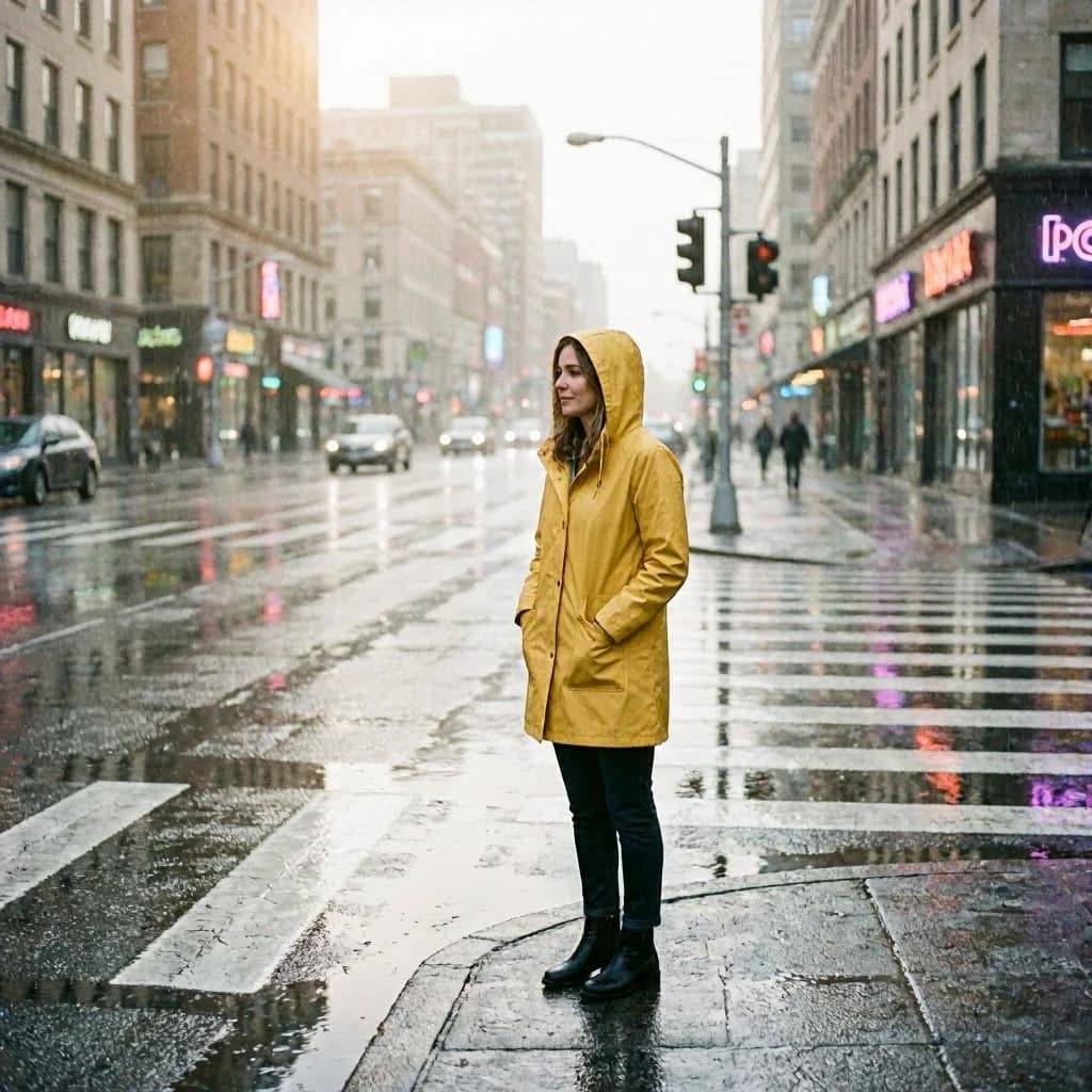 A sunlit city street after rain; puddles mirror neon signs as a woman in a yellow raincoat waits at a crosswalk, soft mist, 50mm look, natural tones, a bit of film grain.