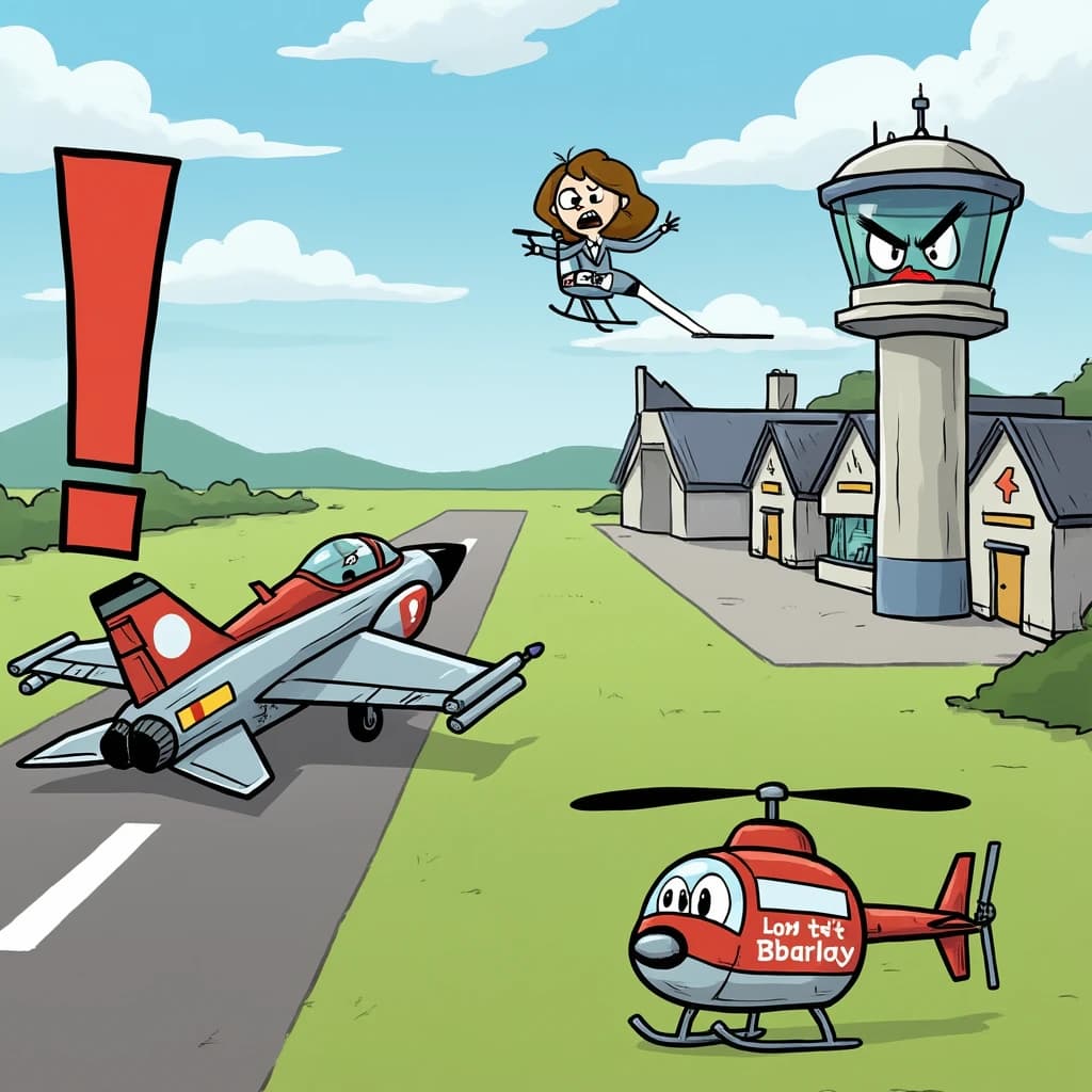 Almost at the runway, Fred the Fighter Jet is racing with Barry the Bomber to see who lands first. Fred has a mischievous trick up his sleeve but Hermione the Helicopter is going to stop him before he gets the chance. The control tower is very angry and has a big exclamation mark. Hand drawn cel look