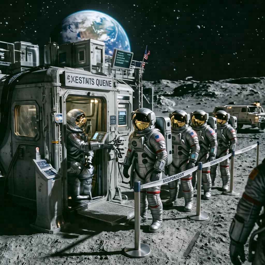 Silver exosuits queue at a dusty lunar checkpoint.