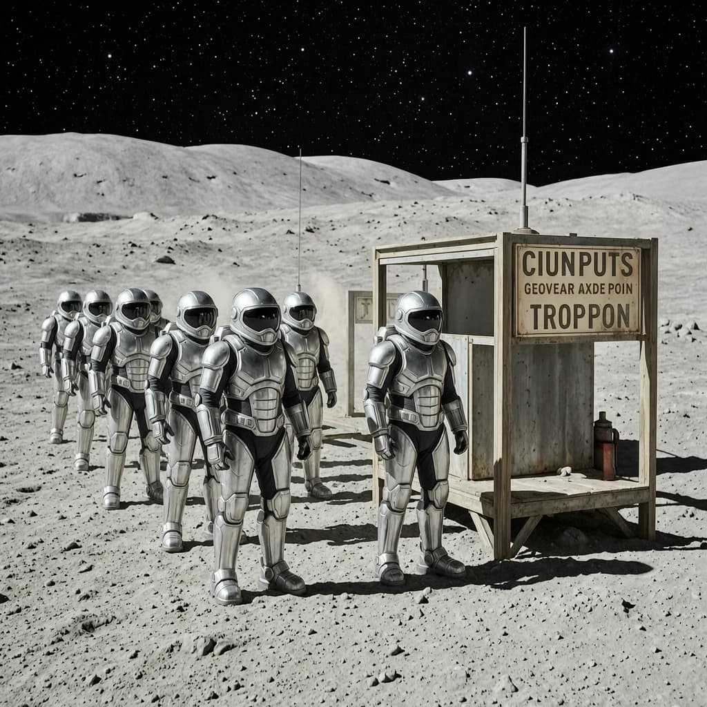 Silver exosuits queue at a dusty lunar checkpoint.