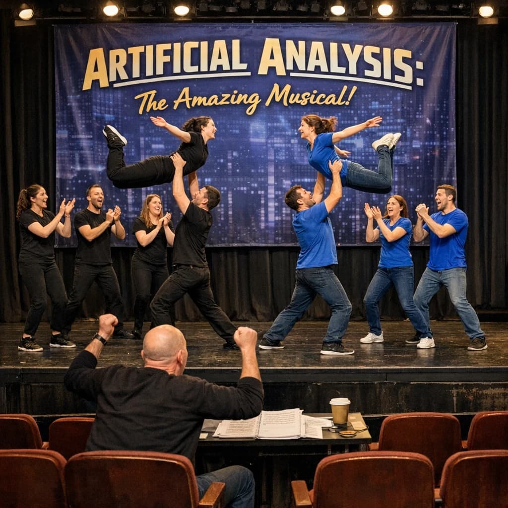The musical troupe do a rehearsal in a large, empty theatre. 9 people are on the stage, half wear black and the others wear blue. The skinny bald director, seated in the second row, is practically leaping out of their seat with excitement as the leads nail their aerial. A giant banner reading "Artificial Analysis: The Amazing Musical!" is behind the actors.