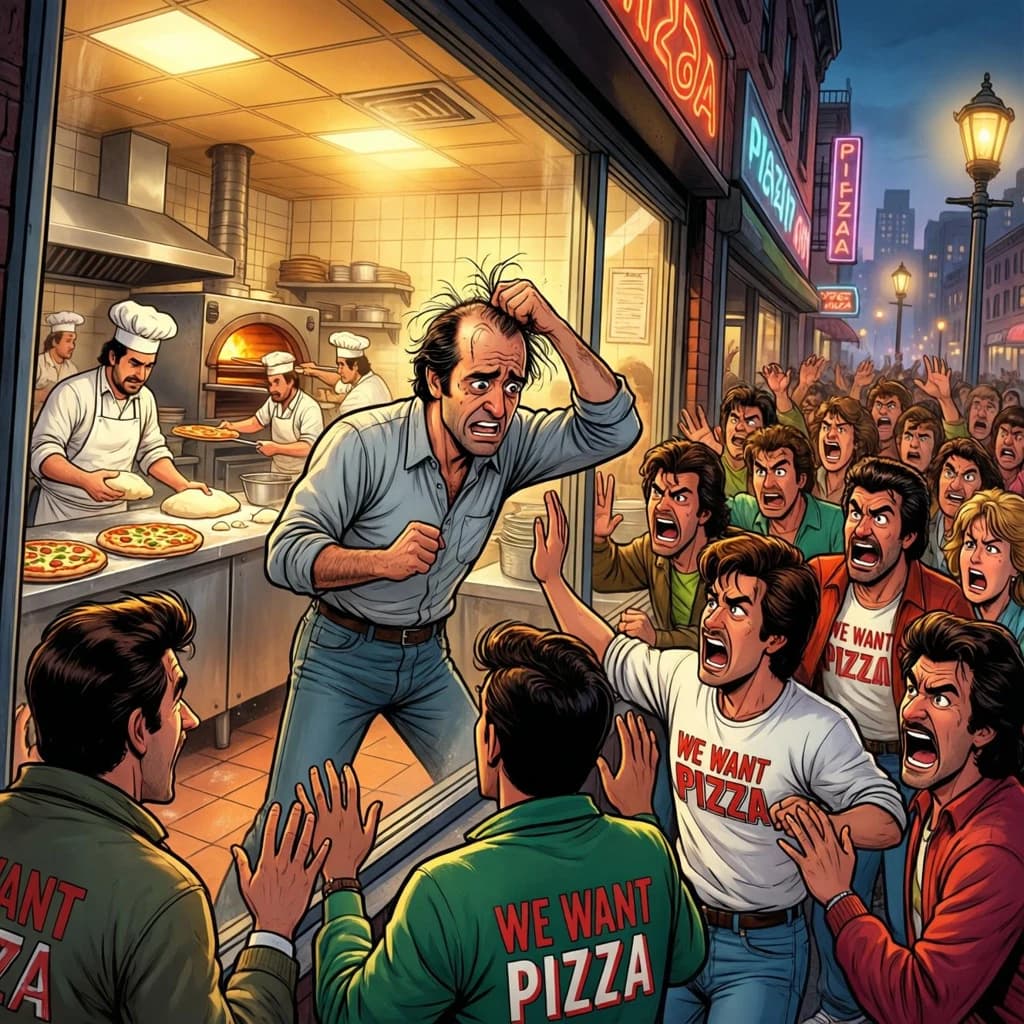 Pasquale is pulling his few remaining hairs out over a disaster at the pizzeria - the cooks are working as fast as they can but the crowds outside are swelling and they demand hot hot pizza! They are banging on the glass and some are wearing "we want pizza" shirts. 1980s western TV animation style.