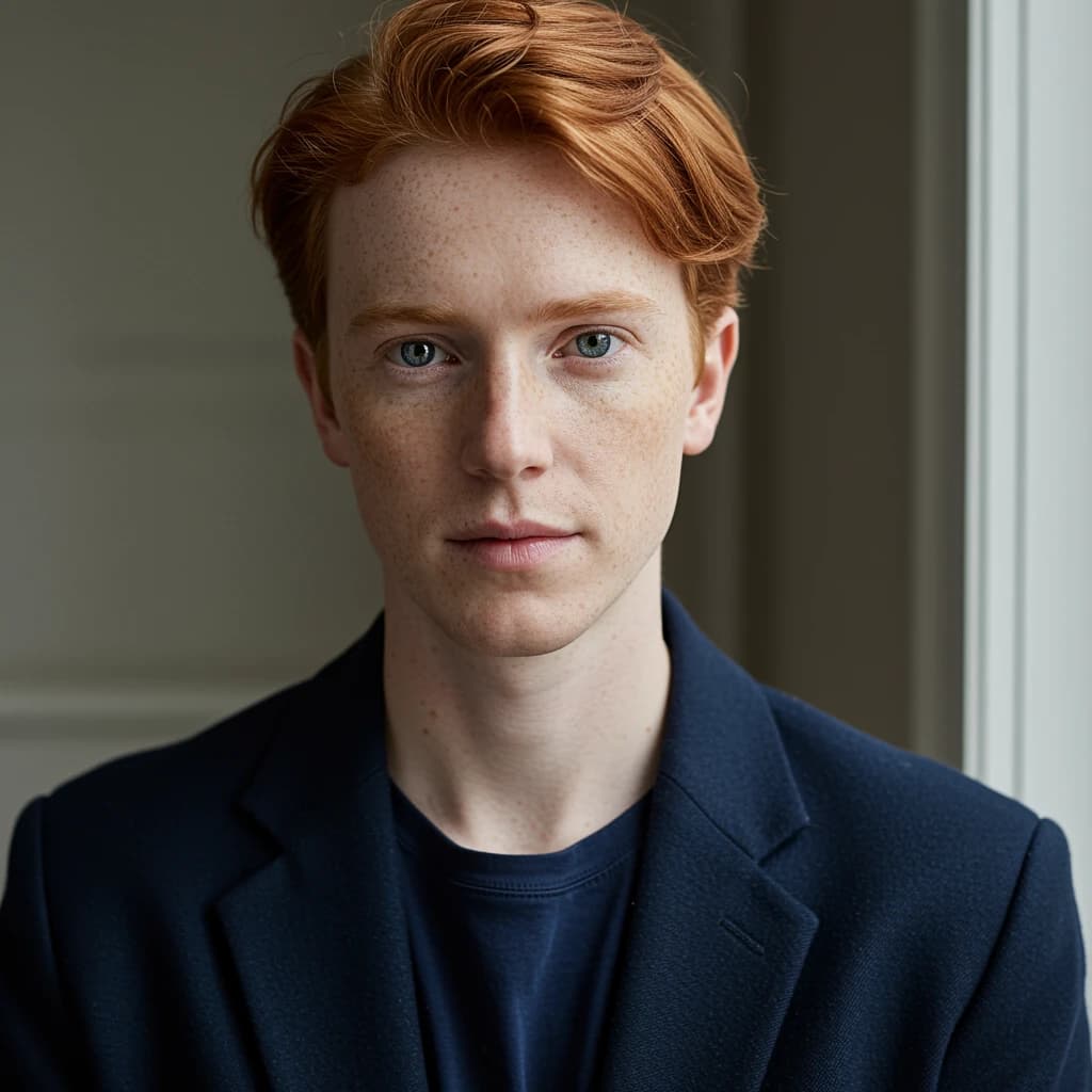 Capture a head-and-shoulders portrait of a freckled red-haired violinist in a navy blazer, soft window light, 85mm at f/1.8, gently smiling yet serious eyes, muted tones.