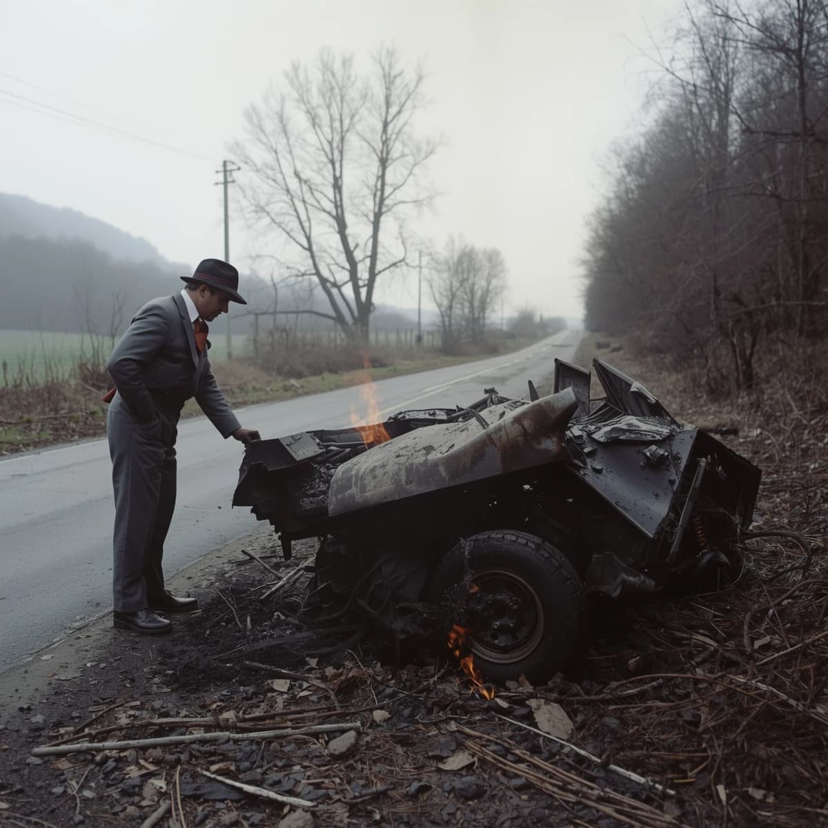 Mario examines the still smouldering wreck of the crash that took his best driver on the side of the country road. He designed this car and caused this. 3 days have passed since the crash. It's 1973 in Northern Italy.