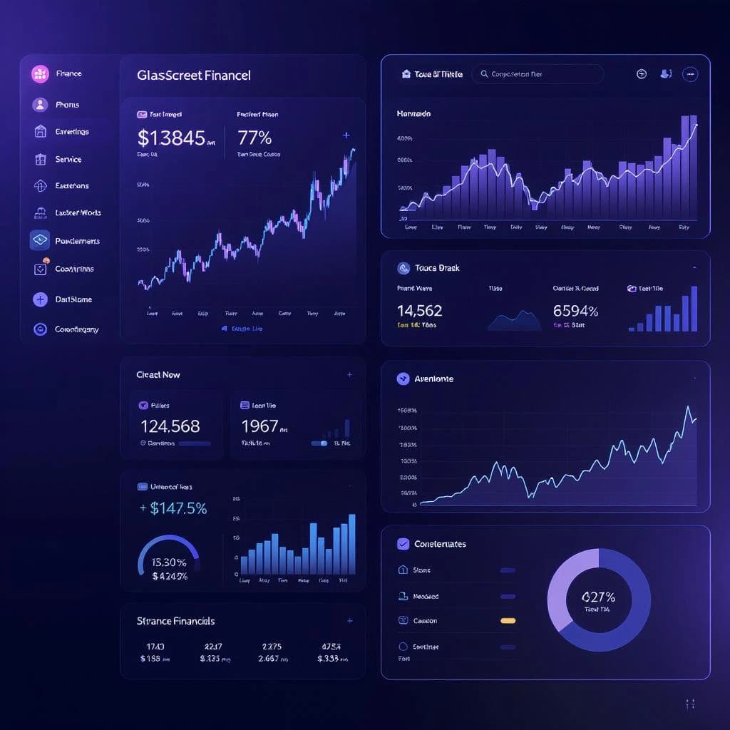 Make a dark mode finance dashboard with charts, glassmorphism, soft neon glow.