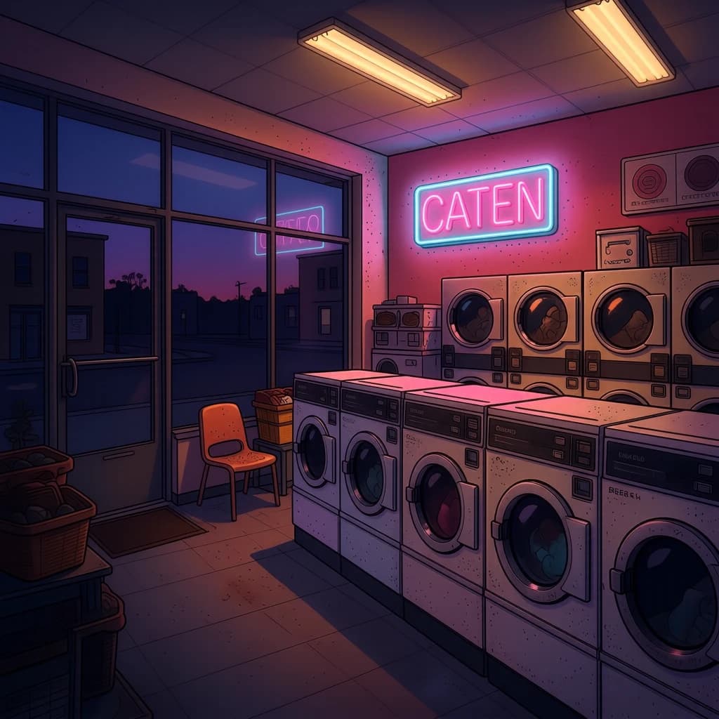 A cozy laundromat at dusk, neon humming, flat colors, bold inked lines.