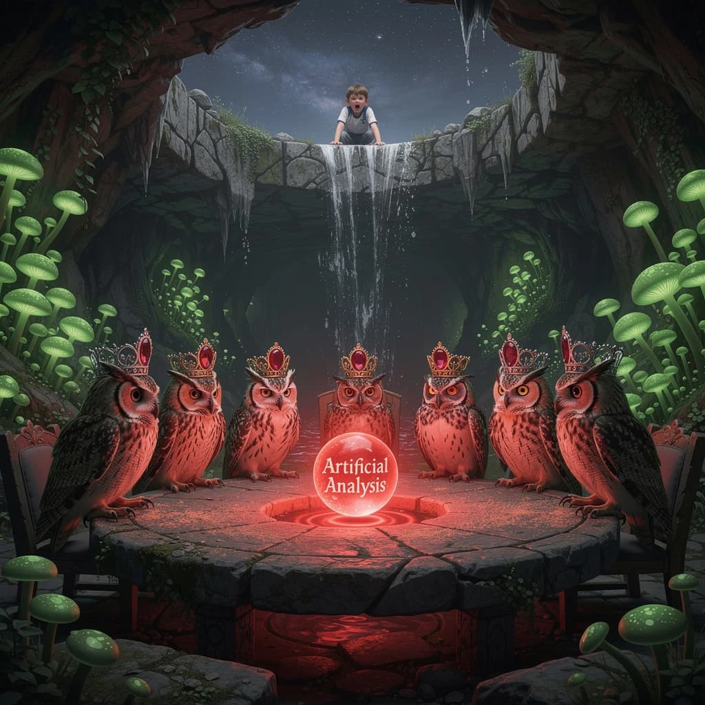 In a cavern lined with bioluminescent fungi glowing lime green, the council of owls wear jeweled crowns that glimmer with rubies, their wings folded behind their backs. Dust coats the stone table, a glowing orb inscribed with “Artificial Analysis” hovers above the table illuminating the owls with its red pulsating light. Behind them, a waterfall falls upward into a ceiling that opens onto stars - a child looks down in wonder from above at what he has stumbled across.