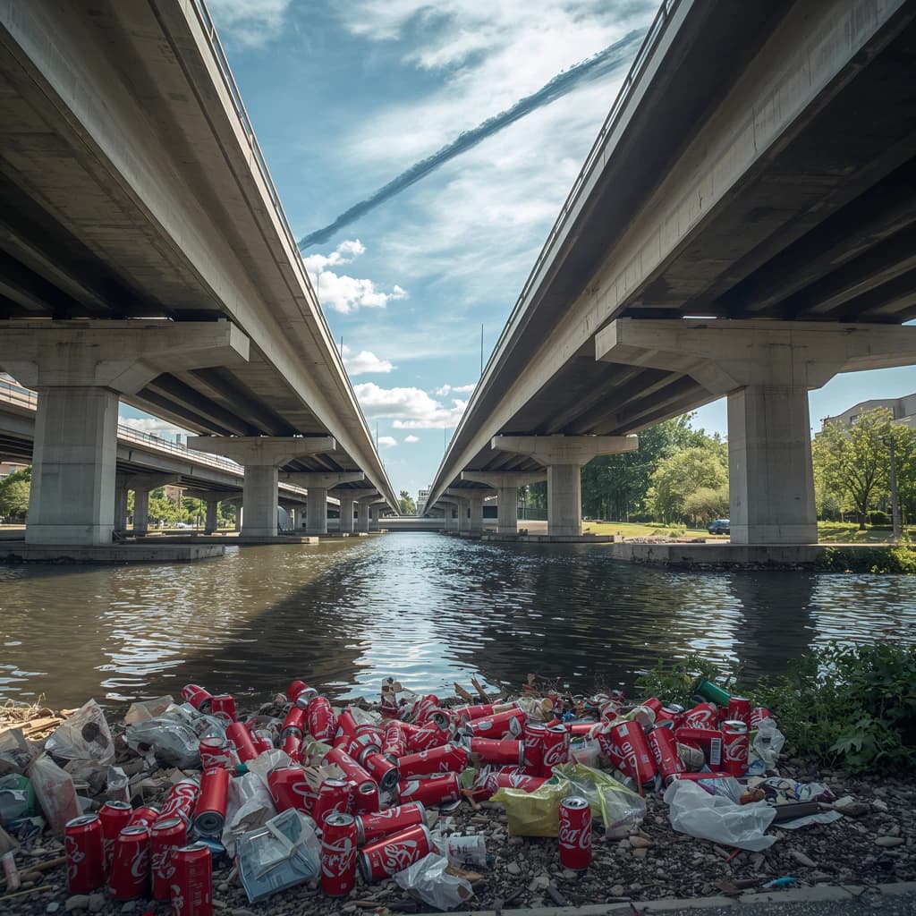 Red soda cans and other garbage sit strewn across the bank of an urban river only a few metres wide. Concrete overpasses criss cross overhead on a bright and sunny day. Fading skywriting proposes marriage