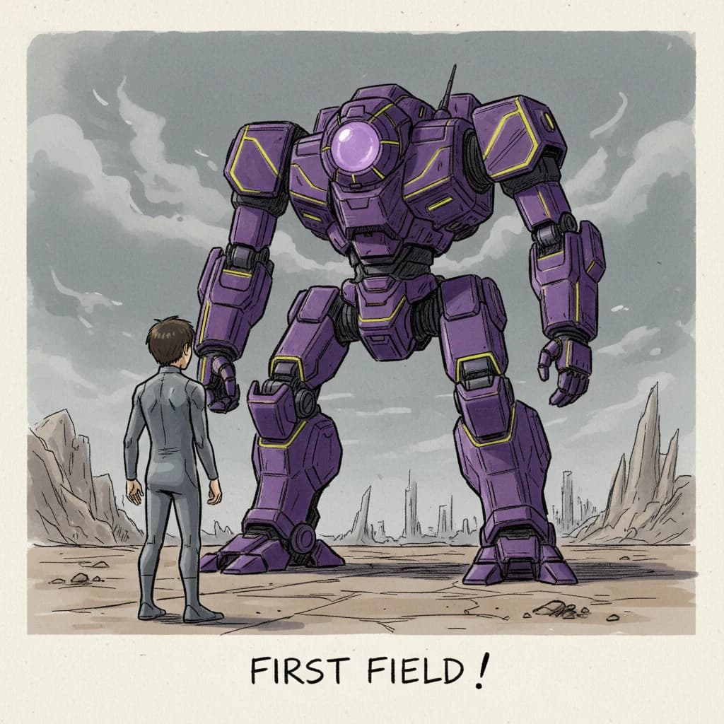 Clad in his body suit up to the neck, young Masa nervously approaches the towering mech with his back facing us. He is nervous for his first time in the field. The mech's bright purple colour scheme contrasts with the grey body suit. The scale of the mech dwarfs Masa. Hand drawn style