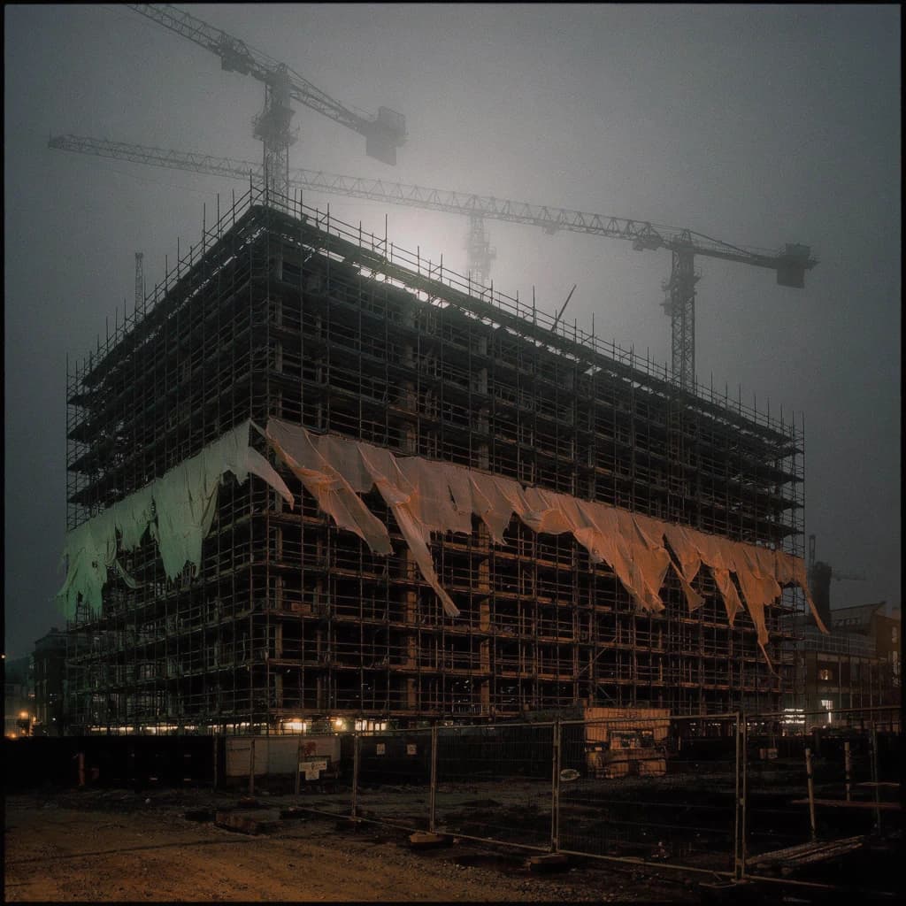 A construction site stretched upward into fog, cranes frozen in silhouette. Wind rattled scaffolding draped with torn mesh that glowed faintly from nearby billboards