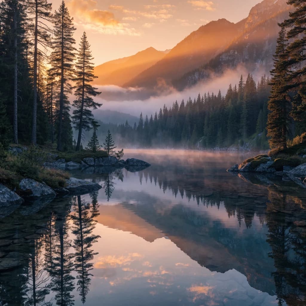 I want a photo of a misty alpine lake at dawn, pines, glassy water, warm light.