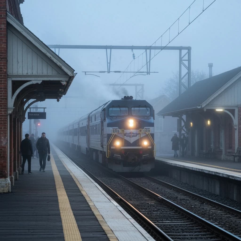 A commuter train enters a foggy little station.