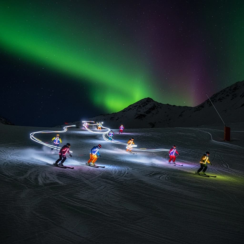Coronet Peak Night Skiing: Skiers in colorful LED suits carve their way down the slopes of New Zealand's Coronet Peak under the Aurora Borealis, the skiers' light trails visible behind them
