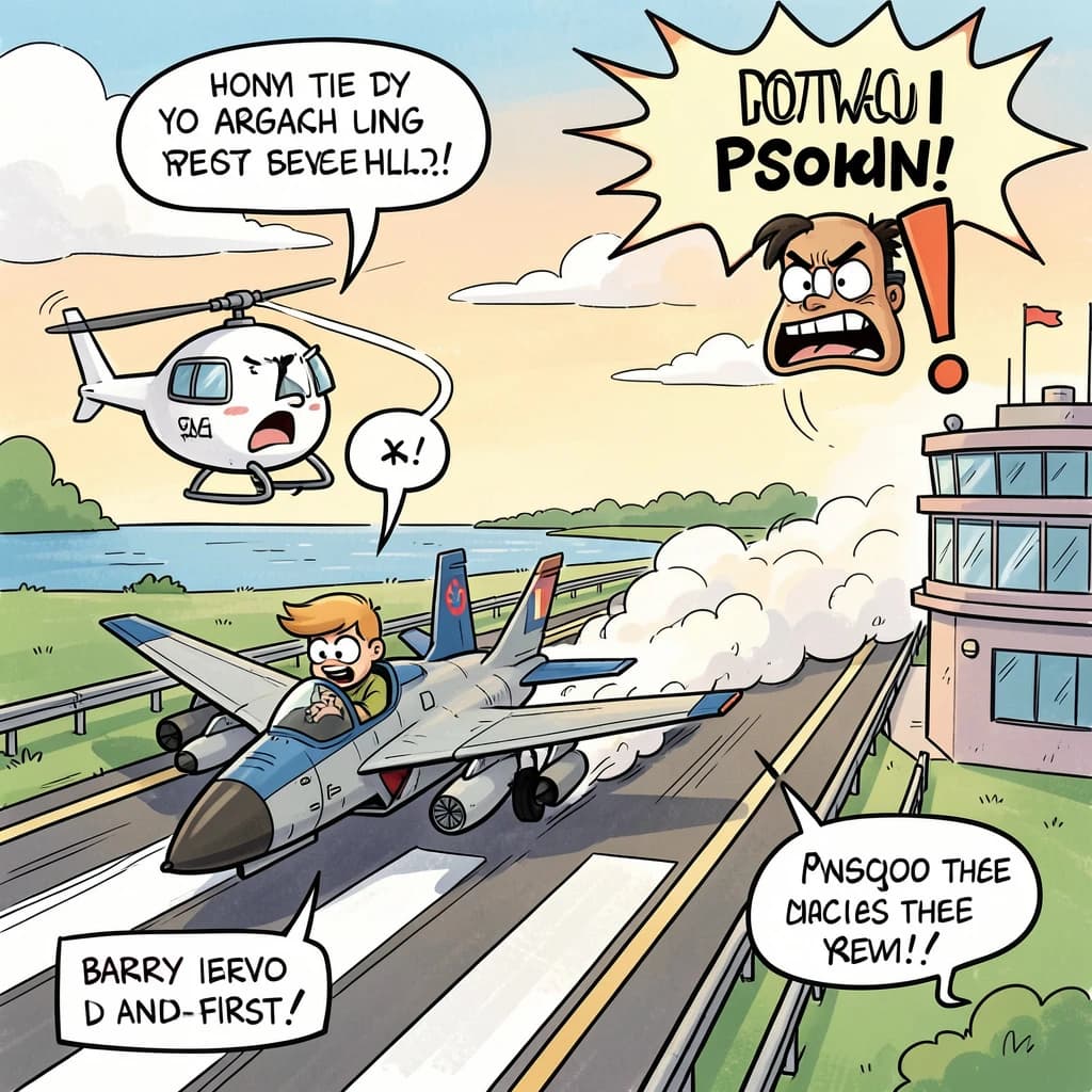 Almost at the runway, Fred the Fighter Jet is racing with Barry the Bomber to see who lands first. Fred has a mischievous trick up his sleeve but Hermione the Helicopter is going to stop him before he gets the chance. The control tower is very angry and has a big exclamation mark. Hand drawn cel look