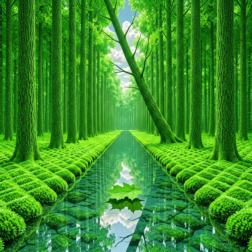 The forest is saturated green, trees identical in height and width, trunks straight, bark texture repeating. One trunk leans diagonally yet the branches remain vertical. The moss is emerald, glistening, though each patch forms identical diamond shapes. A stream runs straight, perfectly linear, water clear, reflecting clouds not visible in the sky. No animals, no insects, but one leaf floats on the water, doubled, showing two overlapping shadows.