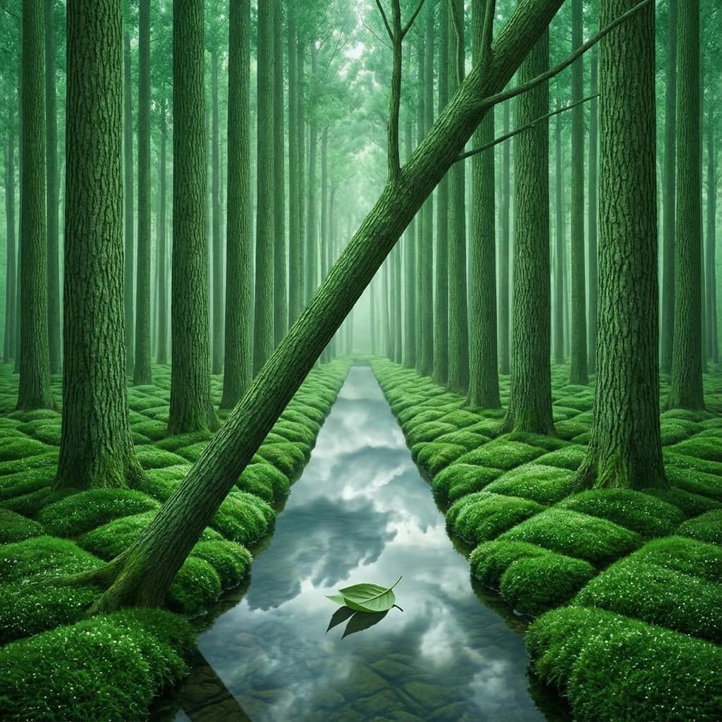 The forest is saturated green, trees identical in height and width, trunks straight, bark texture repeating. One trunk leans diagonally yet the branches remain vertical. The moss is emerald, glistening, though each patch forms identical diamond shapes. A stream runs straight, perfectly linear, water clear, reflecting clouds not visible in the sky. No animals, no insects, but one leaf floats on the water, doubled, showing two overlapping shadows.