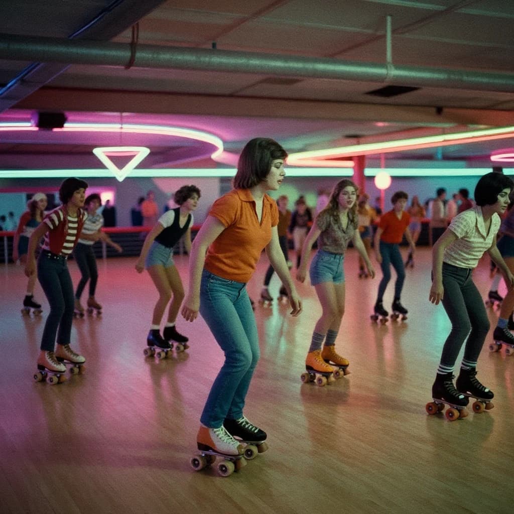 A 1970s roller rink crowd skates under neon, with a bit of fade and film grain.