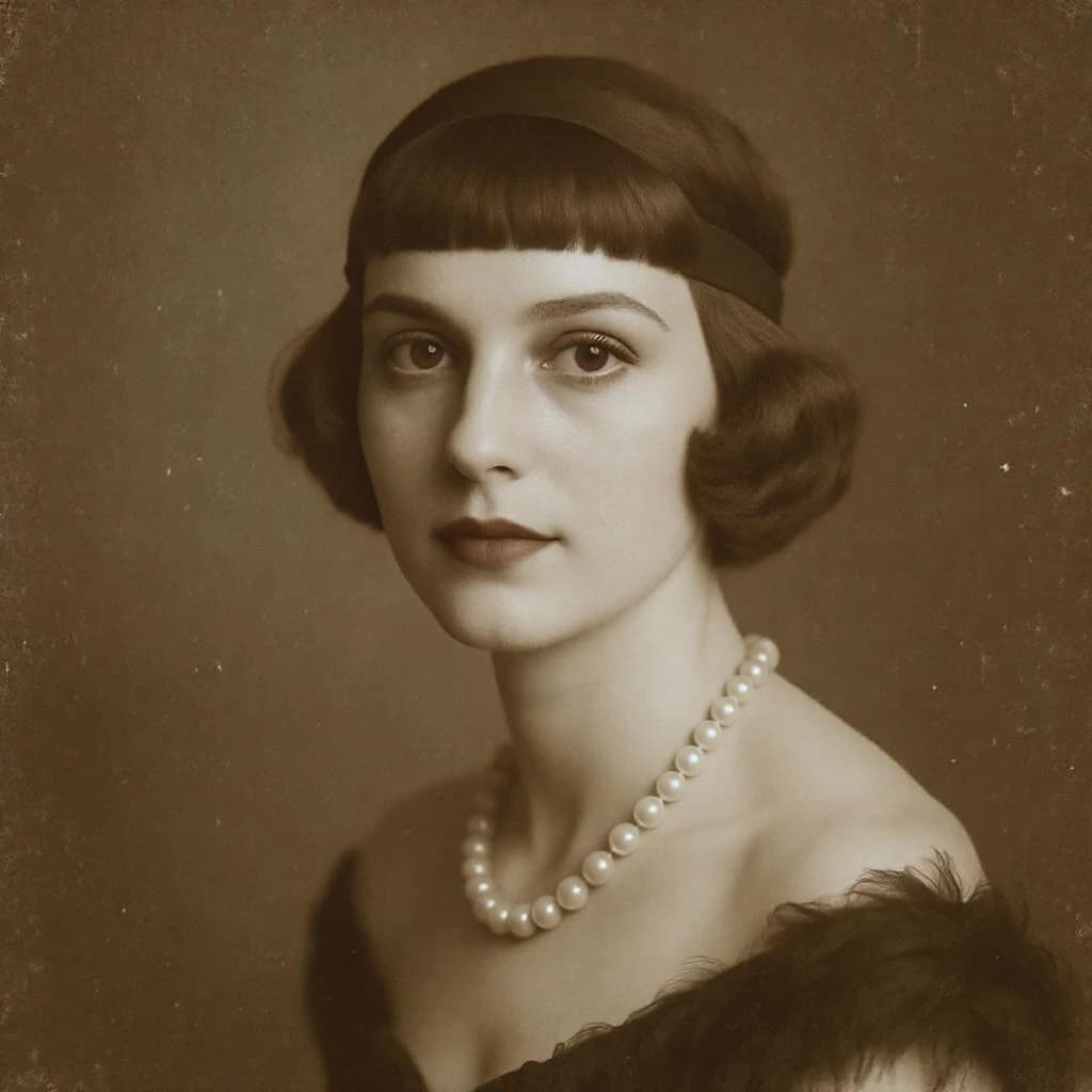 Sepia-toned studio portrait of a flapper with pearl necklace, soft grain.