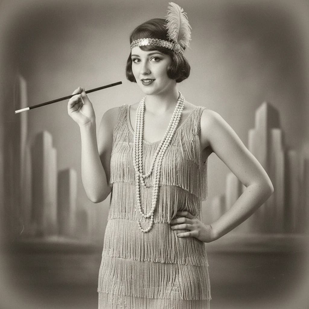 Sepia-toned studio portrait of a flapper with pearl necklace, soft grain.
