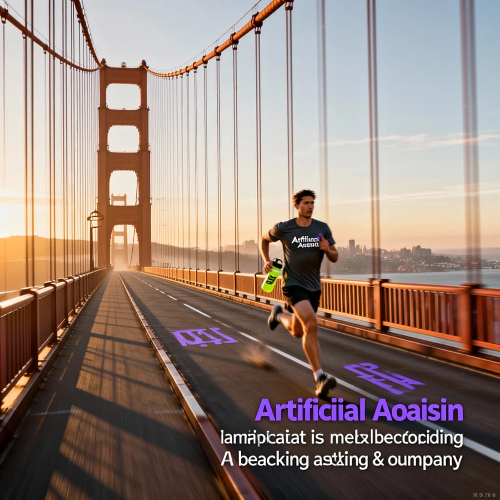 A runner dashes across the Golden Gate Bridge at dawn, sunlight streaming between cables. In their hand, they carry a neon-green sports drink with the brand name Artificial Analysis splashed boldly across the bottle. Motion blur emphasizes speed, while crisp purple sans serif typography overlays the bottom right of the scene with the tagline: Artificial Analysis is an independent AI benchmarking & analysis company
