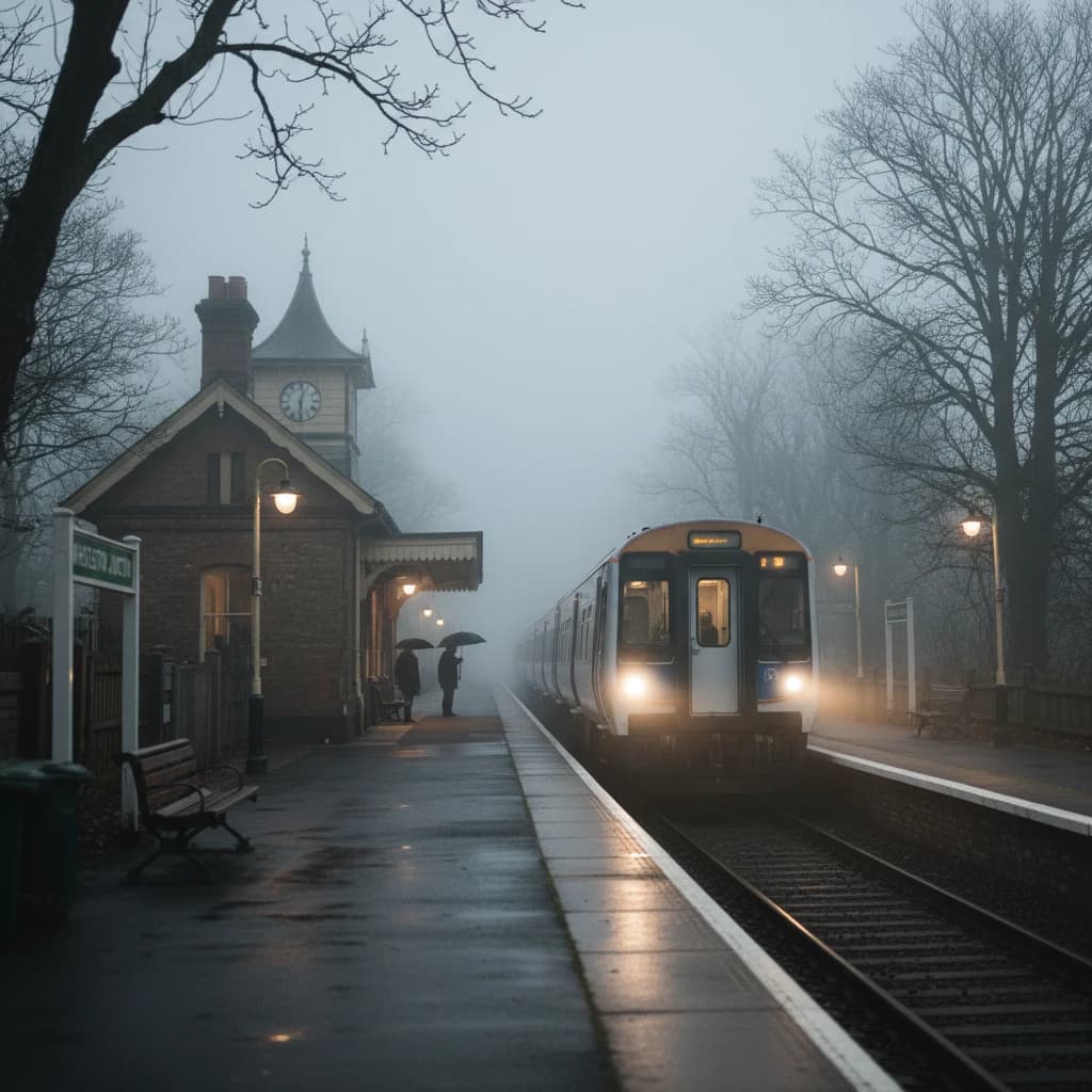 A commuter train enters a foggy little station.