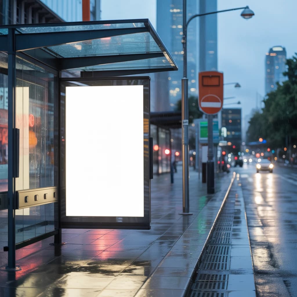 Show a billboard mockup at dusk: glass bus stop shelter, glowing lightbox, blank ad panel, city blur, raindrops, space for copy, looks premium but a bit gritty.