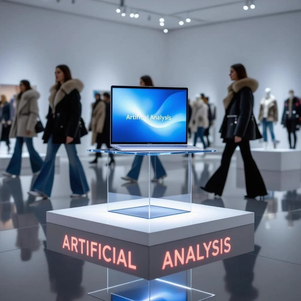 In a spotless gallery space, a pedestal supports a transparent laptop whose screen flickers between static and pristine brand imagery. Shoppers blur past in designer clothes that appear slightly outdated - bell bottoms, metallic jackets. The embossed logo “Artificial Analysis” glints silver, yet its reflection in the glass floor reads in crimson letters. A single spotlight shines, though shadows fall in two directions.