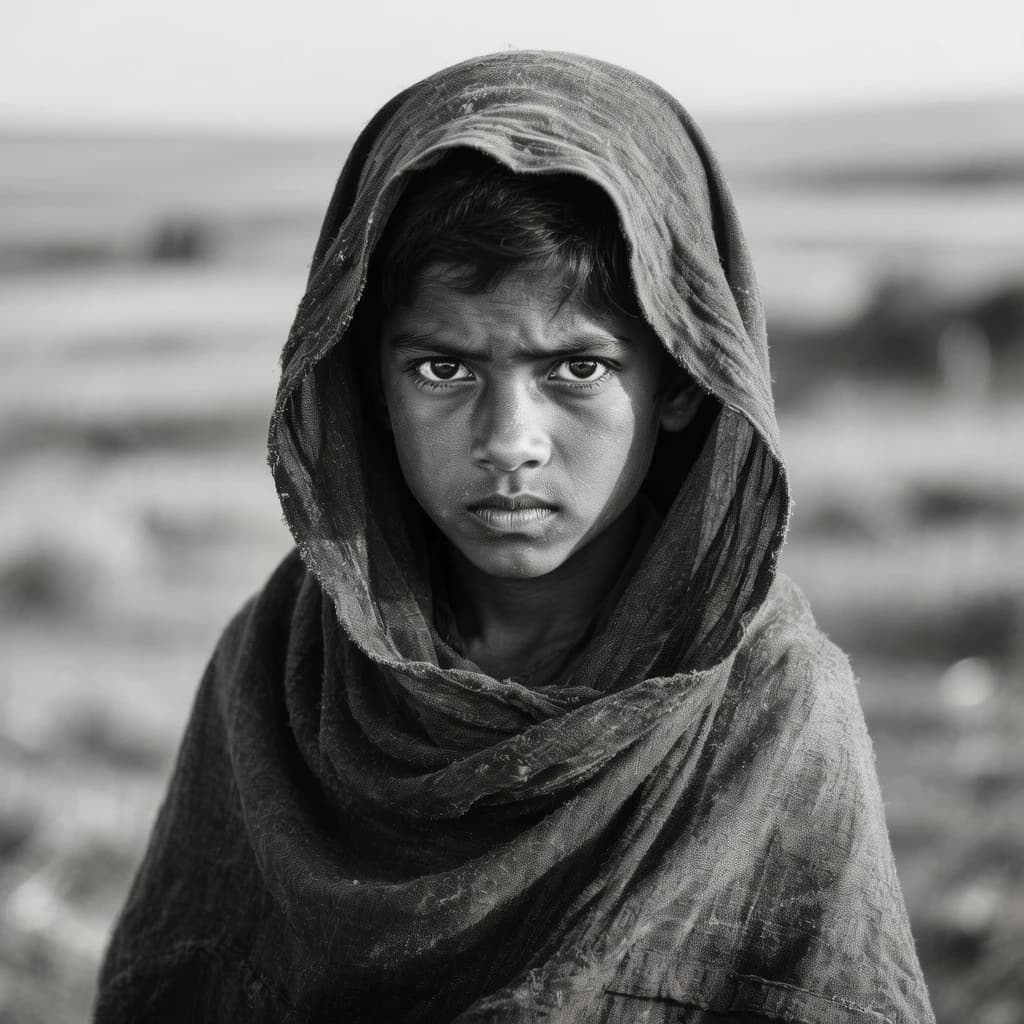 A dramatic black-and-white portrait of a young person draped in a hooded garment, their face framed by the hood's dark folds. Their skin tone and the subtle sheen on their cheeks create striking tonal contrast against the deep shadows. Their eyes are piercing, looking directly into the lens with a calm, steady intensity—neither confrontational nor submissive, but deeply present. The texture of the fabric is visible: it's dense, slightly weathered, and whisper-thin creases catch the light. In the background, an expansive, out-of-focus landscape suggests open space—perhaps distant plains or water—though the details remain soft and abstract. The overall mood is silent yet powerful, poised between vulnerability and resilience, with every highlight and shadow telling part of their story.