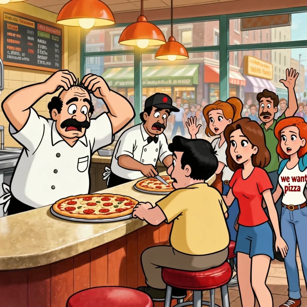 Pasquale is pulling his few remaining hairs out over a disaster at the pizzeria - the cooks are working as fast as they can but the crowds outside are swelling and they demand hot hot pizza! They are banging on the glass and some are wearing "we want pizza" shirts. 1980s western TV animation style.