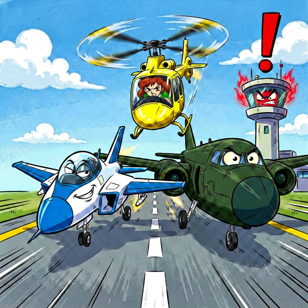 Almost at the runway, Fred the Fighter Jet is racing with Barry the Bomber to see who lands first. Fred has a mischievous trick up his sleeve but Hermione the Helicopter is going to stop him before he gets the chance. The control tower is very angry and has a big exclamation mark. Hand drawn cel look