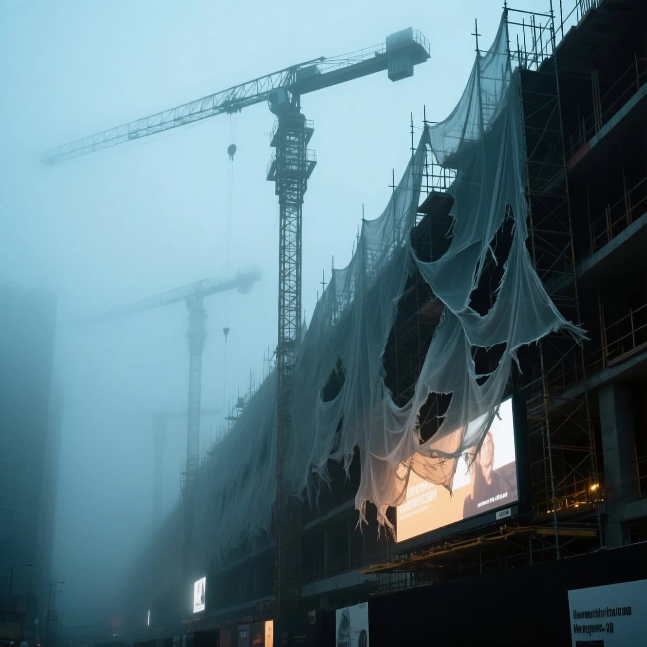 A construction site stretched upward into fog, cranes frozen in silhouette. Wind rattled scaffolding draped with torn mesh that glowed faintly from nearby billboards