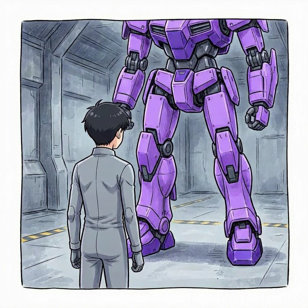 Clad in his body suit up to the neck, young Masa nervously approaches the towering mech with his back facing us. He is nervous for his first time in the field. The mech's bright purple colour scheme contrasts with the grey body suit. The scale of the mech dwarfs Masa. Hand drawn style