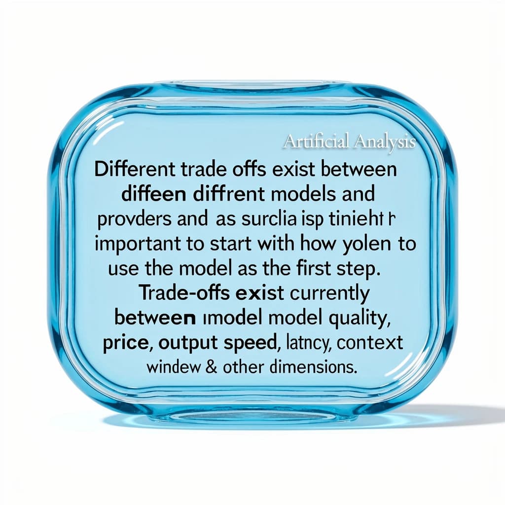 In a clear transparent blue glassy rounded box, etch "Different trade offs exist between different models and providers and as such, it is important to start with how you intend to use the model as the first step. Trade-offs exist currently between model quality, price, output speed, latency, context window & other dimensions. " in sans serif medium weight text. Artificial Analysis is watermarked over the top right 