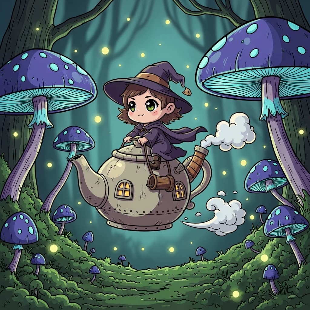 A tiny witch rides a teapot over glowing mushrooms, a bit chibi, thick lines.