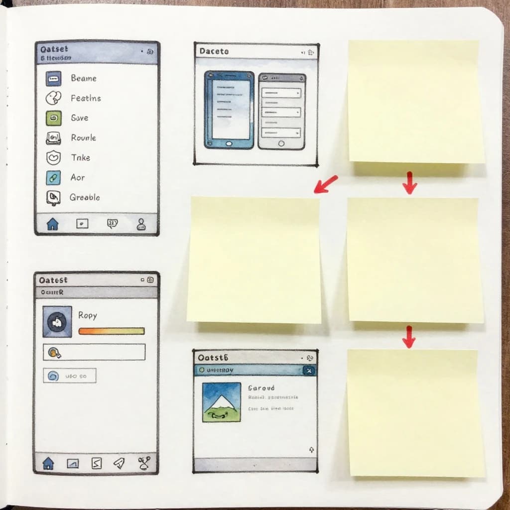 A rough watercolor of hand-drawn app wireframes, sticky notes, and red arrows.