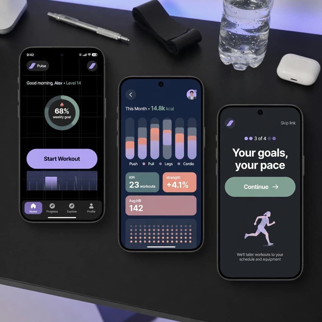 Sleek mobile fitness app screens on a desk: dark mode home, progress dashboard, simple onboarding, clear 8 pt grid, slightly oversized buttons for thumb reach, muted colors.