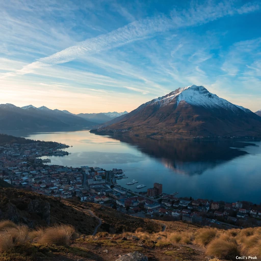 Queenstown's Lake Wakatipu, viewed from the top of Queenstown Hill after a snowstorm just dusted the top of Cecil's Peak