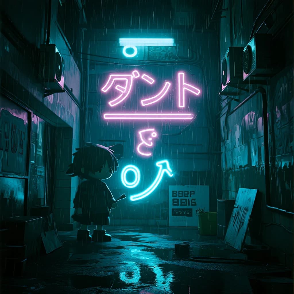 Chibi artist sprays huge neon kanji on a rainy alley wall, with sparkles.