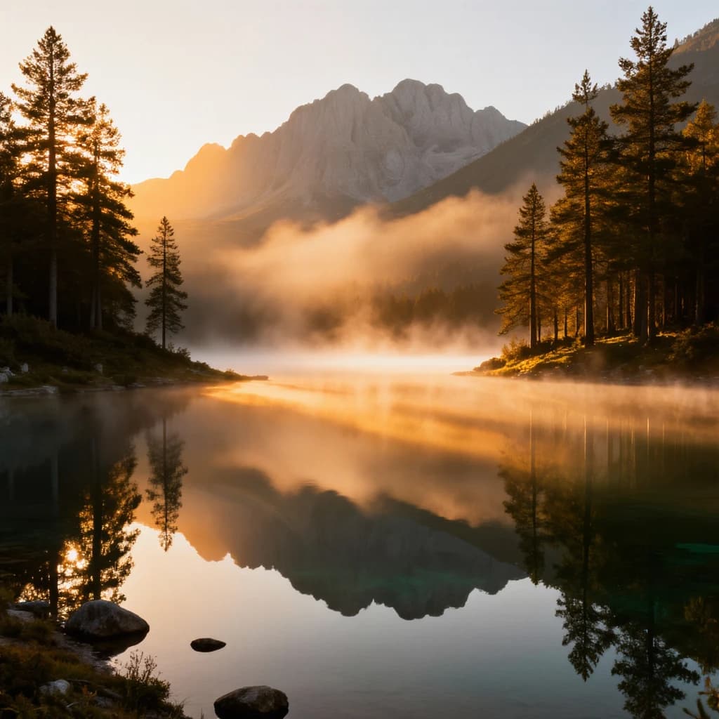 I want a photo of a misty alpine lake at dawn, pines, glassy water, warm light.