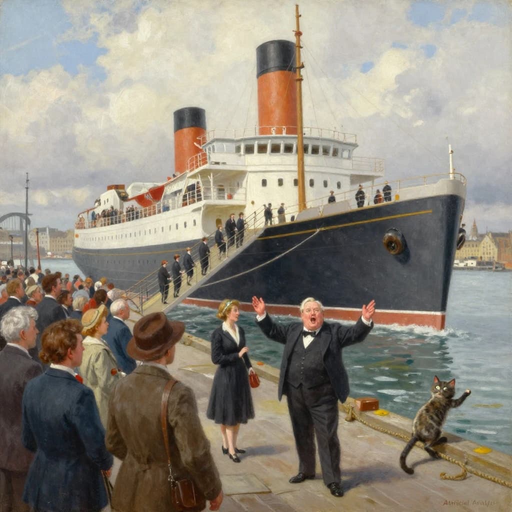 An impressionistic painting of the mighty steamer the "SS Unsinkable We Really Mean It This Time" on a cloudy but bright London morning about to set out on her maiden voyage. A jubilant crowd is gathered on the dock around the paunchy mayor who is making a speech, gesticulating wildly with his hands. The gangways are busy with well heeled ladies and gentlemen making their way onto the ship. A cheeky cat hangs over the water, clinging to the mooring rope after an ill-fated attempt to climb up. The artist has signed his name "Artificial Analysis" in the bottom corner