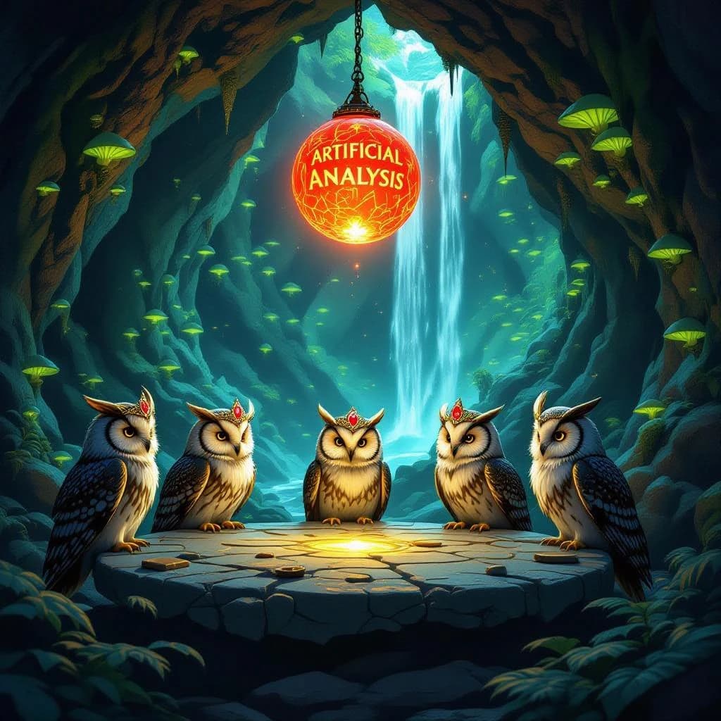 In a cavern lined with bioluminescent fungi glowing lime green, the council of owls wear jeweled crowns that glimmer with rubies, their wings folded behind their backs. Dust coats the stone table, a glowing orb inscribed with “Artificial Analysis” hovers above the table illuminating the owls with its red pulsating light. Behind them, a waterfall falls upward into a ceiling that opens onto stars - a child looks down in wonder from above at what he has stumbled across.