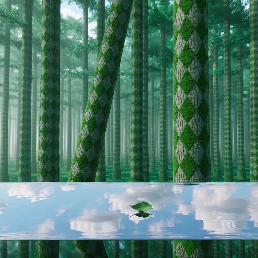 The forest is saturated green, trees identical in height and width, trunks straight, bark texture repeating. One trunk leans diagonally yet the branches remain vertical. The moss is emerald, glistening, though each patch forms identical diamond shapes. A stream runs straight, perfectly linear, water clear, reflecting clouds not visible in the sky. No animals, no insects, but one leaf floats on the water, doubled, showing two overlapping shadows.